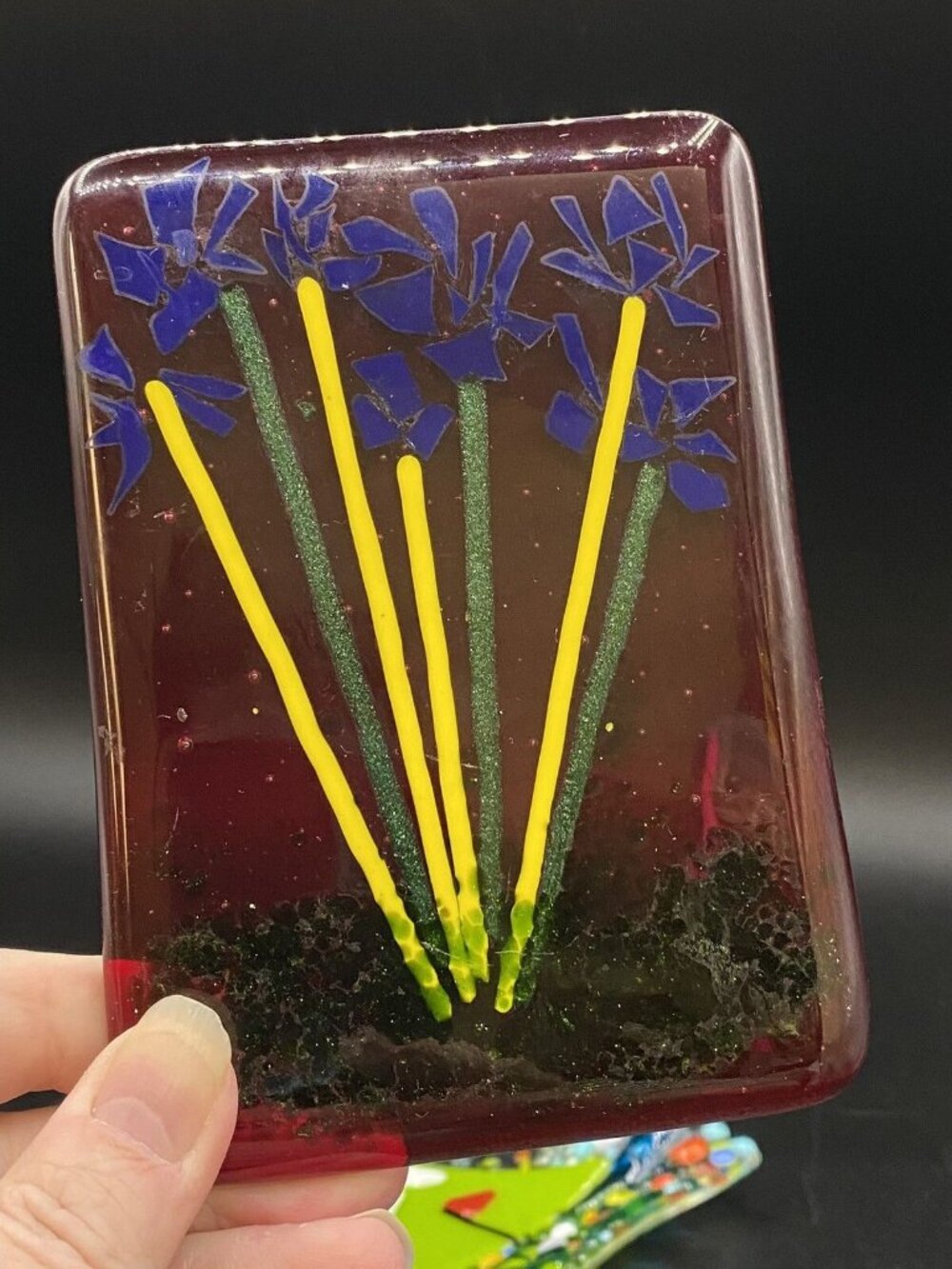 Fused Art Glass Coaster & Trinket Bowls Iris Flowers Abstract & Golf Flag LOT 3 - Picture 6 of 13